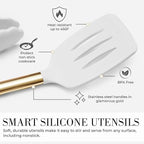 White Silicone and Gold Cooking Utensils Set with Gold Utensil Holder - 7-Piece Silicone Cooking Tools - Ideal for Nonstick Cookware and Stylish Modern Kitchens - Luxury Kitchen Accessories.