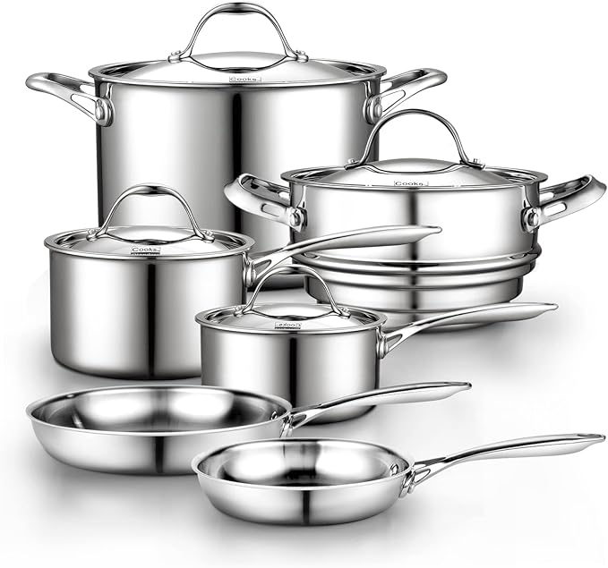 Cooks Standard 10 Piece Stainless Steel Cookware Set — Induction Cookware, Non Toxic Pots Pans Set, Professional Stainless Steel Pot Pan Set, Heavy Duty Pot Set, Multi-Ply Full Clad Stay-Cool Handles