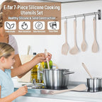 E-far Silicone Cooking Utensils Set, 7-Piece Khaki Heat Resistant Kitchen Utensils Set, Kitchen Nonstick Tools Spatula Ladle Spoon Pasta Server for Non-stick Cookware, Non-Toxic & Dishwasher safe