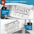 MURLONG Sponge Holder for Kitchen Sink,Sink Caddy Organizer with Suction Cups/Adhesive Strips,Dish Sponge Holder Design for Sponges,Scrubber,Stoppers-Silver