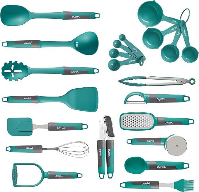 Pyrex (22-Piece) Silicone Kitchen Cooking Utensils Set, Non-Stick Silicone Cooking Gadgets, Spatulas, Pizza Wheel, Grater, Measuring, and more