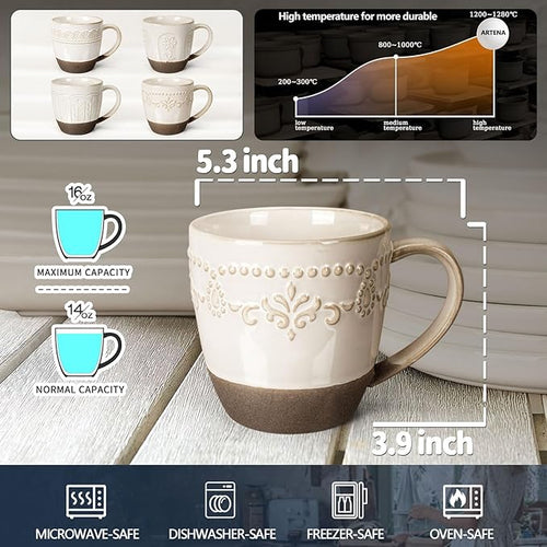 Artena Ceramic Coffee Mugs Set of 4, 16oz Embossed Large Latte Mugs Coffee Cups with Handle for Tea, Latte, Cappuccino & Cocoa, Milk Dishwasher & Microwave Safe, White (Multiple Patterns)