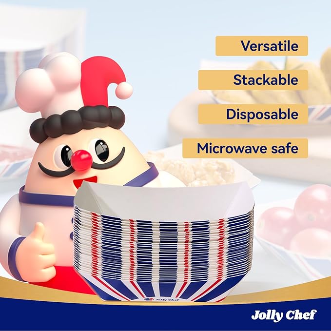 JOLLY CHEF 2lb Paper Food Trays, 250 Pack Paper Food Boats Disposable Serving Boats for Gameday,Food Holder Trays for Snacks French Fries Nachos Hot Dog Tacos BBQ Party