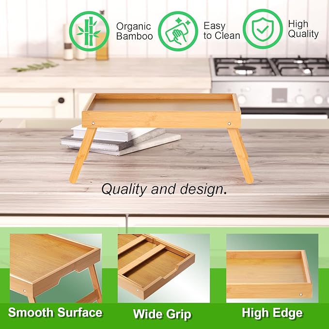 Fibogollo 2 Pack Bamboo Bed Tray Table with Folding Legs,Breakfast Trays,Serving Tray for Food and Snack,Laptop Trays for Working(Natural)