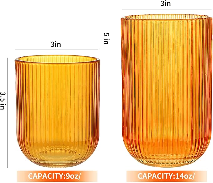 Set of 8 Dopamine-colored-match Ribbed Glassware,4 Highball Glasses 14oz & 4 Rocks Drinking Glasses 9oz, Origami Style, Fluted Design, for Daily use, Water, Cocktail, Whiskey, Kitchen, Gift