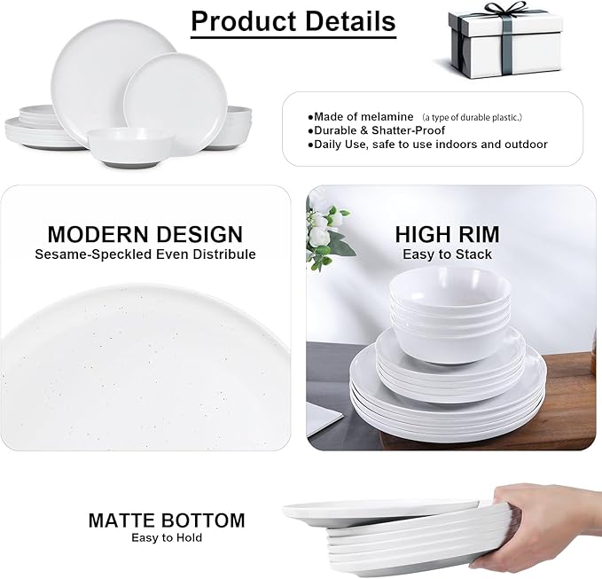 Webbylee 12-Piece Melamine Dinnerware Set for 4 – Unbreakable Plates & Bowls, Lightweight, Two-Tone White & Grey, Ideal for Family Meals, Camping, Picnic, Parties