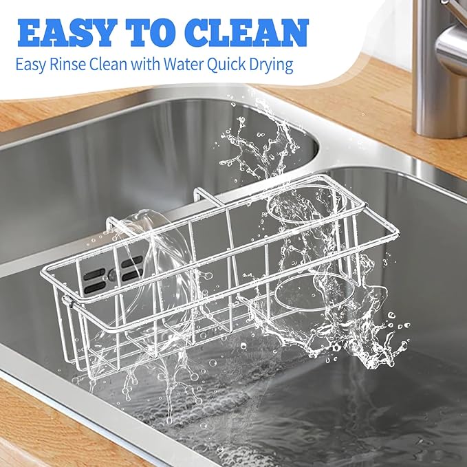 Sponge Holder for Double Kitchen Sink, 3-in-1 Sink Caddy, Brush, Dish Towel, Sponge Sink Organizer Liquid Drainer Rack - SUS304 Stainless Steel