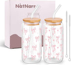 2 Pcs Coquette Pink Bow Glasses Cups, 16oz Cute Bow Glass Cups with Lid Brush and Straw Aesthetic Iced Coffee Cup, Girly Preppy Design Glasses Drinking for Teen Girls Women Men Kids Gift Trendy Stuff
