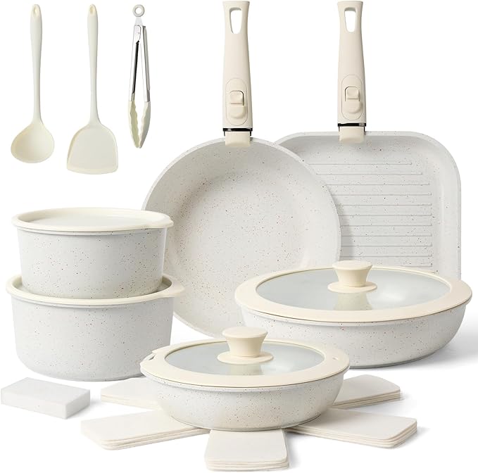 21 Pcs Pots and Pans Set Non Stick, Ceramic Cookware Set Detachable Handle, RV Kitchen Cooking Set Removable Handles, Oven Safe, Induction ReadyStackable Non-stick set Cream White