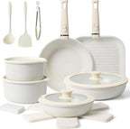 21 Pcs Pots and Pans Set Non Stick, Ceramic Cookware Set Detachable Handle, RV Kitchen Cooking Set Removable Handles, Oven Safe, Induction ReadyStackable Non-stick set Cream White