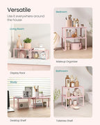 SONGMICS Cabinet Organizer Shelf, Set of 2 Kitchen Counter Shelves, Kitchen Storage, Spice Rack, Stackable, Expandable, Metal and Engineered Wood, Jelly Pink UKCS020S01
