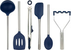 Tovolo Silicone Cooking Utensil Set of 6 Stainless Steel Handle Ladle Slotted Turner Tongs Flex Core Spatula Scraper Mixing Spoon & Potato Masher, Dishwasher Safe BPA Free Utensils, Deep Indigo