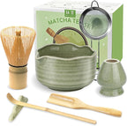 JBER Matcha Whisk Set, Ceramic Matcha Set Includes Matcha Bowl, Matcha Whisk (Chasen) and Holder, Sifter, Bamboo Scoop, Spoon & Rest - 7 Pcs Matcha Kit Set for Matcha Lovers Ceremony, Mottled Green