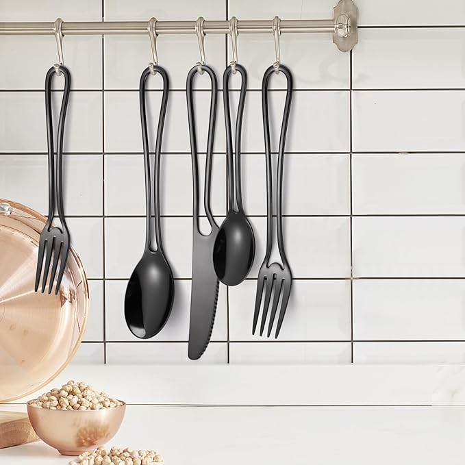 Black Silverware Hollow Flatware Set for 4 Stainless Steel Cutlery 20 Piece Hanging Forks Spoons and Knives Unique Eating Utensils for Home Restaurant Parties