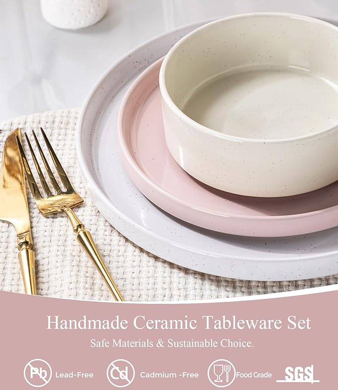 AmorArc Ceramic Dinnerware Set for 8 | Handpainted Stoneware Plates and Bowls with Rustic Terracotta Underside| Scratch Resistant,Dishwasher & Microwave Safe Dishes Sets- 24pcs Colorful