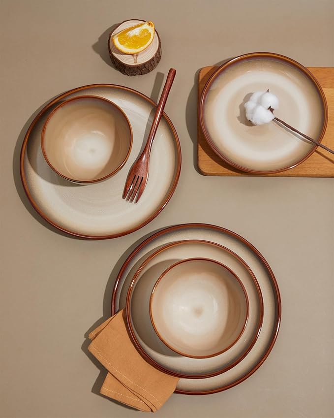 Pokini Stoneware Dinnerware Set Service for 4, 12 pcs Reactive Glaze Plates and Bowls Sets, Handmade Round Dishes Set, Highly Chip and Crack Resistant Modern Plate Set, Brown Yellow