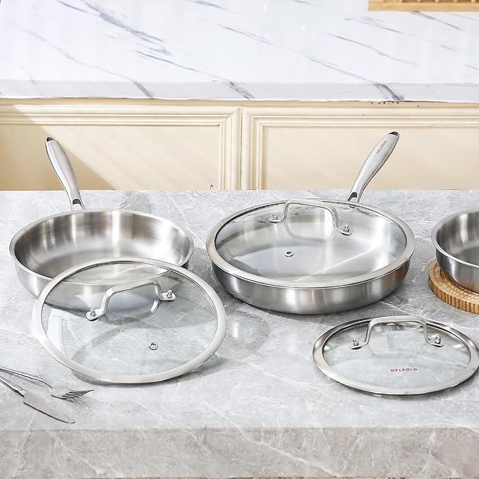 DELARLO Tri-Ply Stainless Steel Pan, 18/10 Frying Pan, Oven Safe Up to 600°F, Nontoxic Cookware, Compatible with All Cooktops Skillet, Durable, Fast Even Heat Fry Pan,Steel 8+10.2" with Lids