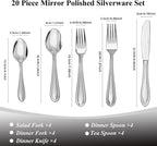 Silverware Set, 20 Piece Flatware Cutlery Set for 4,18/0 Stainless Steel Utensils,Mirror Polished Dishwasher Safe, Modern Tableware for Home, Restaurant, Wedding, Party