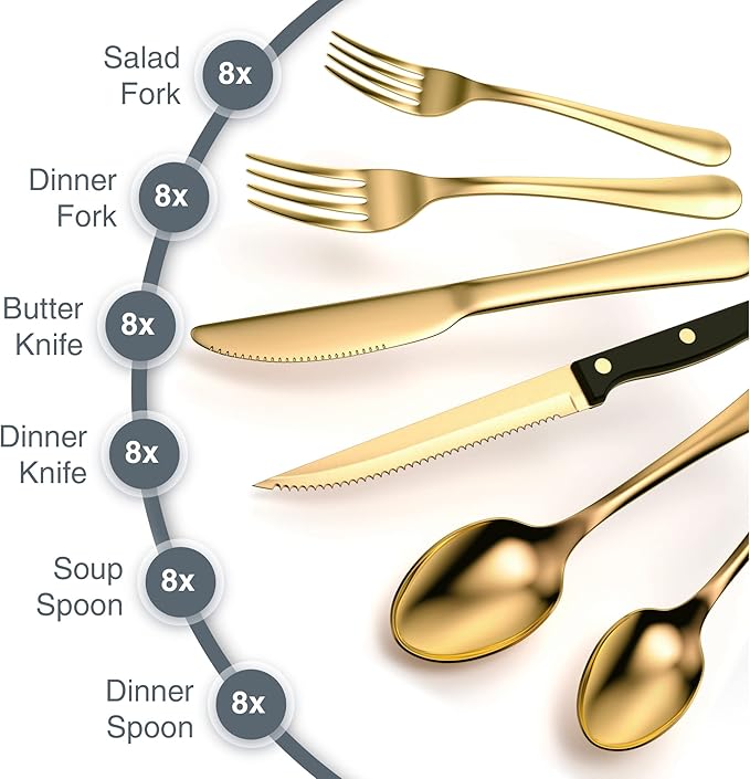 Tribal Cooking 49 Piece Gold Silverware Set - Service for 8 - Stainless Steel Gold Flatware serving set - Cutlery Set - Knives, Fork, and Spoon - Dishwasher Safe - Stunning Polished Finish