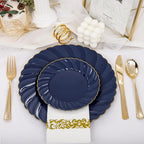 YOUBET 150PCS Blue Plastic Plates - Gold Plastic Silverware - Heavy Duty Navy Blue Disposable Plates include 50 Plates, 25 Forks, 25 Knives, 25 Spoons, 25 Napkins for Wedding Birthday Parties