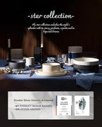 Famiware Star 24-Piece Reactive Glaze Plates and Bowls Sets, Service for 8 - Stoneware Dinnerware Set, High Edge Ribbed Dishes, Chip & Scratch Resistant, Microwave & Dishwasher Safe, White & Black
