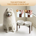 Havniva Ceramic 8.2inch Raised Double-Bowl Set with Acacia Wooden Stand, Food & Water Bowls for Large Breed Dogs, Weighted Dog Dishes, Pet Bowl (60 oz)