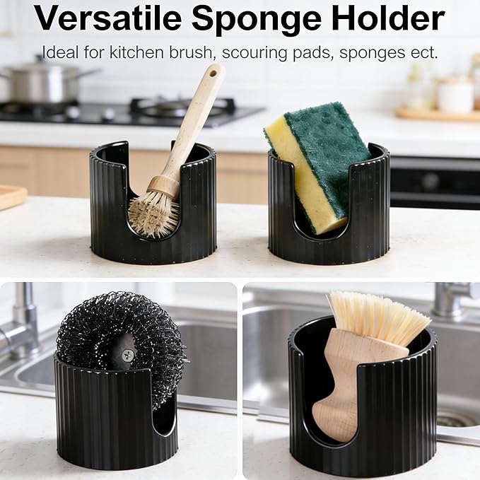 Ceramic Sponge Holder for Kitchen Sink - Dishwasher Safe Porcelain Dish Sponge Caddy Minimalist Vertical Stripes, Scrub Daddy Holder for Countertop, Bathroom, Kitchen Sink Organizer, Black