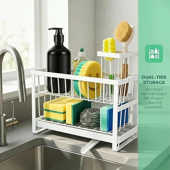 2-Tier Sponge Holder for Kitchen Sink, Self-Drain Caddy with Brush Holder, Countertop Organizer for Sponges, Brushes, and Dish Rags（White）