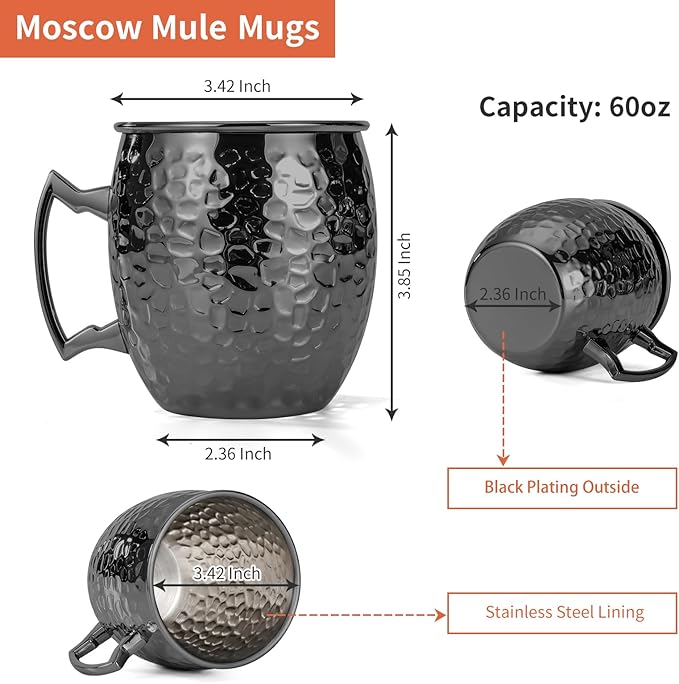 Amrules Moscow Mule Mugs, 16 OZ Black Hammered Mule Cup with 304 Stainless Steel Lining and Brass Handle, for Cold Drinks, Beer, Wine, Bars, Parties