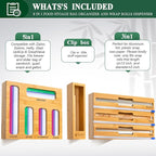 Calmbee 9 in 1 Bamboo Storage Bag Organizer for Kitchen Drawer – Plastic Wrap Dispenser with Cutter & Foil Organizer, Wooden Baggie Organizer for Sandwich, Snack, Gallon, Quart Sizes, Natural