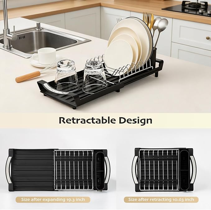 Extendable Dish Drying Rack, Stainless Steel, Over Sink or Counter, with Utensil Holder