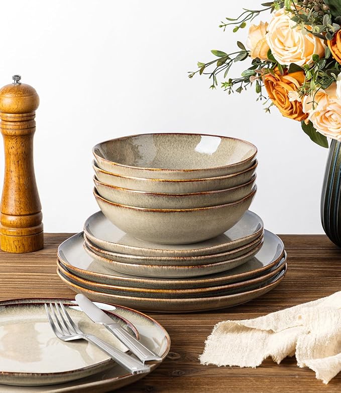 GBHOME Stoneware Dinnerware Sets for 4, 12 Pieces Rustic Ceramic Plates and Bowls Set, Handmade Reactive Glaze Plate Sets, Highly Chip Resistant Dishes, Microwave & Dishwasher Safe, Driftwood Taupe