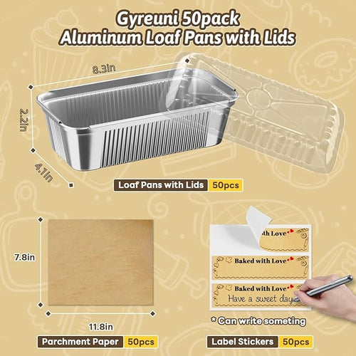 50 Pack Aluminum Loaf Pans with Lids Stickers and Parchment Paper Sheets,2.4Lb Heavy Duty Aluminum Foil Premium Bread Tins - 8.3" X 4.1" X 2.2" Disposable Baking Pans