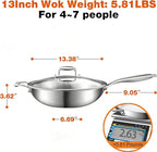 DELARLO Woks & Stir-Fry Pans, 13 in Stainless Steel Pan with Lid, With Side Ear, Large Cooking Surface, Tri-Ply Stainless Steel Wok Pan, 3 Layer Stainless Steel Saute Pan, Works on Induction, 600℉