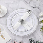 BESTVIP 175PCS Silver Plastic Dinnerware Set, Disposable Party Plates for 25 Guests, Include: 50 Plastic Plates, 25 Pre Rolled Napkins with Silver Silverware, 25 Cups for Christmas, Halloween
