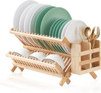 Bamboo Dish Drying Rack, 2 Tier Collapsible Dish Rack with Utensil Holder, Wooden Dish Drying Rack for Kitchen Counter, Large Folding Drying Holder, Dish Drainer 34 pcs Grid