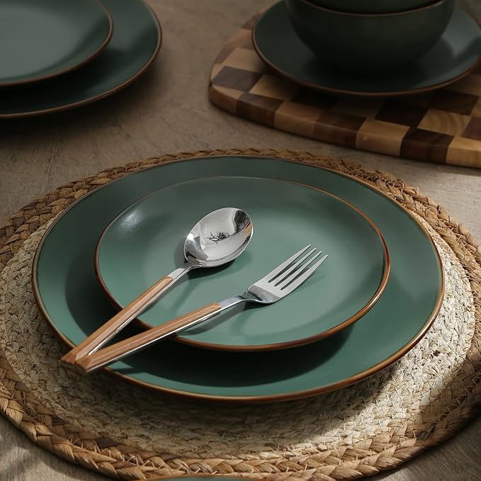 Stone Lain Brasa Stoneware 32 Piece Modern Dinnerware Sets, Plates and Bowls, Service for 8, Green, Microwave & Dishwasher Safe