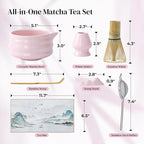 DOWAN Matcha Whisk Set, 7 Pcs Matcha Set Includes Bowl with Spout, Whisk and Holder, Bamboo Scoop and Holder, Sifter and Tea Towel - Matcha Kit Gift for Lovers Beginners (Pink)