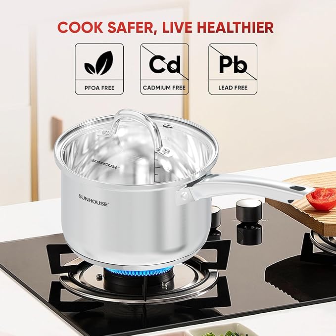 SUNHOUSE- 2 Quarts Stainless Steel Sauce Pan with Lid - PFOA-FREE, Stainless Steel Sauce Pan, Advanced Impact Bonding Induction Base, Stay-Cool Handle, Compatible with All Cooktops
