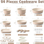 SENSARTE 24 Piece Ceramic Pots and Pans Set, Nonstick Detachable Handle Cookware, Induction Cookware Set with Removable Handle, Healthy Non Stick for RV, Dishwasher＆Oven Safe, PFOA Free (Almond Beige)