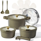 CAROTE Pots and Pans Set Nonstick, Ceramic Cookware Set with Detachable Handles, 5.5QT/3QT/2QT Non stick Stock Pot, Non-toxic Induction Cookware PFAS and PFOA Free, Olive Gree