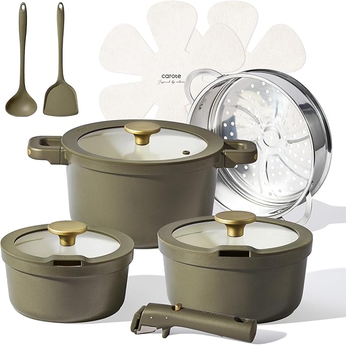 CAROTE Pots and Pans Set Nonstick, Ceramic Cookware Set with Detachable Handles, 5.5QT/3QT/2QT Non stick Stock Pot, Non-toxic Induction Cookware PFAS and PFOA Free, Olive Gree