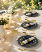realluck 350 Piece Navy Blue Plastic Dinnerware Set for 50 Guests Elegant Baroque Disposable Dinnerware for Weddings, Parties, 100 Plastic Plates, 50 Pre Rolled Napkins with Silverware, 50 Cups