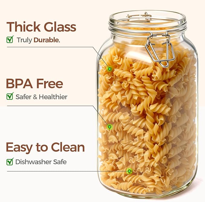 ComSaf 3-Pack 78oz Large Square Glass Jars, Airtight Canisters for Bulk Food Storage, Space-Saving Containers for approx. 4lb of Sugar, Coffee & Pantry Organization, Wide Mouth Design