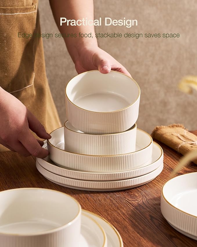 Famiware Star 12-Piece Stoneware Dinnerware Sets with Trim, Service for 4, Ceramic Plates and Bowls Set, Modern Rustic Dishes, Everyday/Formal, Chip/Scratch Resistant, Microwave/Dishwasher Safe, White