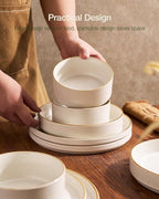 Famiware Star 24-Piece Stoneware Dinnerware Set with Trim, Service for 6 - Shallow Pasta Bowls & Flat Plates, Dishes for Everyday & Formal Use, Chip/Scratch Resistant, Microwave/Dishwasher Safe, White
