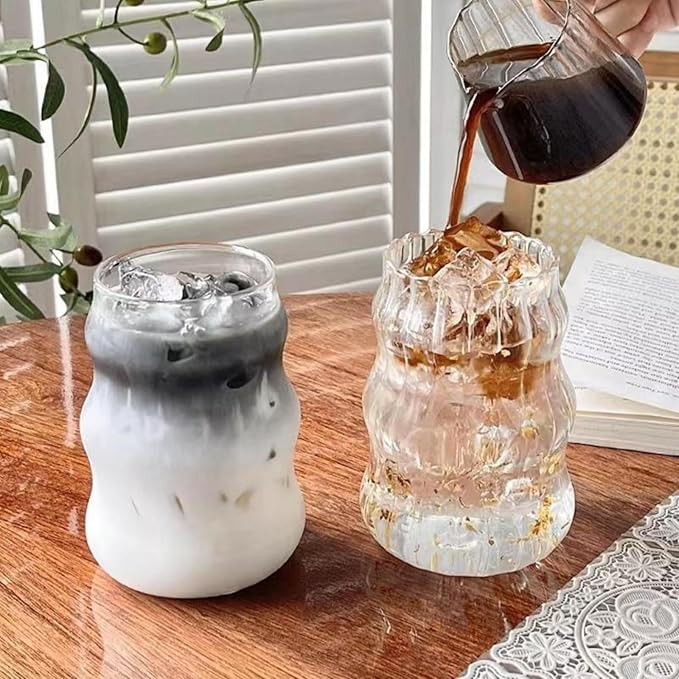 Nirvany 2 Pcs Ribbed Glass Cups, 18 Oz Vintage Drinking Glassware with Wave Shape Design, Bubble Cups for Iced Coffee, Juice, Beverage, Milk, Cocktails, Bubble Tea, and More