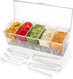 IVYHOME Ice Chilled 5 Compartment Condiment Server Caddy | Fruit Serving Tray | Condiment Pots with 5 Removable Dishes Over 2 Cup Capacity Each and Hinged Lid