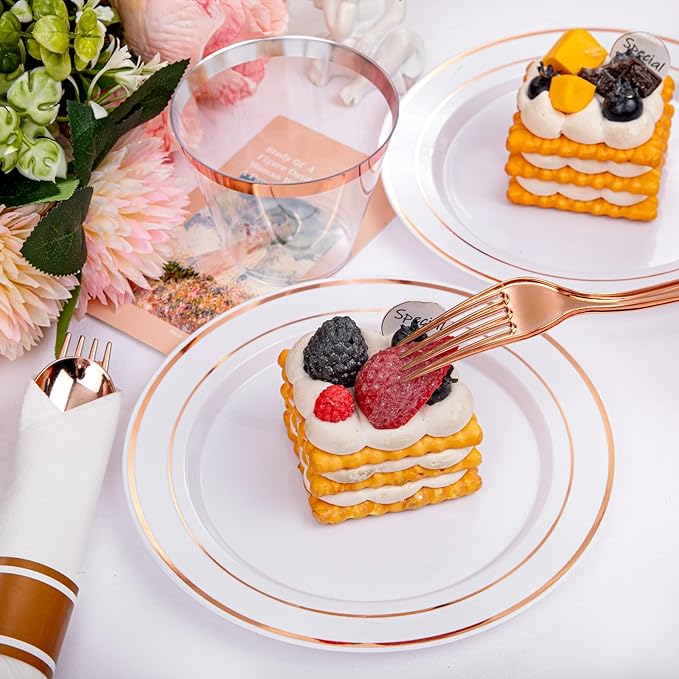 DaYammi 210PCS Rose Gold Plastic Dinnerware Set for 30 Guests, Mother's Day Plates for Party, Include: 30 Dinner Plates, 30 Dessert Platos, 30 Pre Rolled Napkins with Rose Gold Silverware, 30 Cups