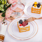 DaYammi 210PCS Rose Gold Plastic Dinnerware Set for 30 Guests, Mother's Day Plates for Party, Include: 30 Dinner Plates, 30 Dessert Platos, 30 Pre Rolled Napkins with Rose Gold Silverware, 30 Cups